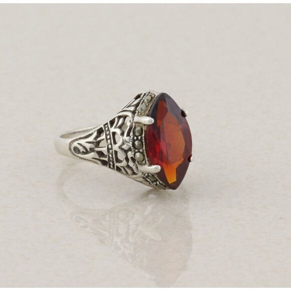 Unbranded Jewelry - Sterling Silver Red Cubic Zirconia and Marcasite Ring Size 6 3/4